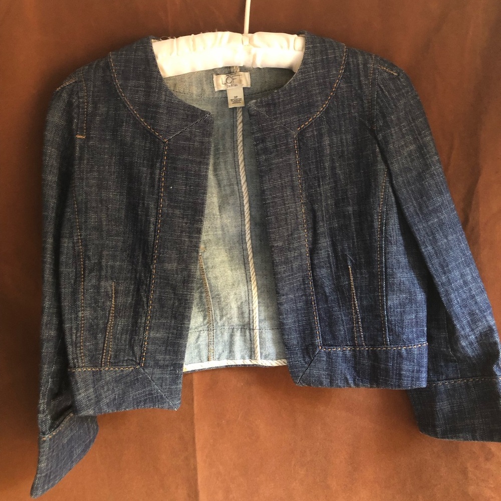 LOFT Dark Blue Collarless Cropped Denim Jacket
